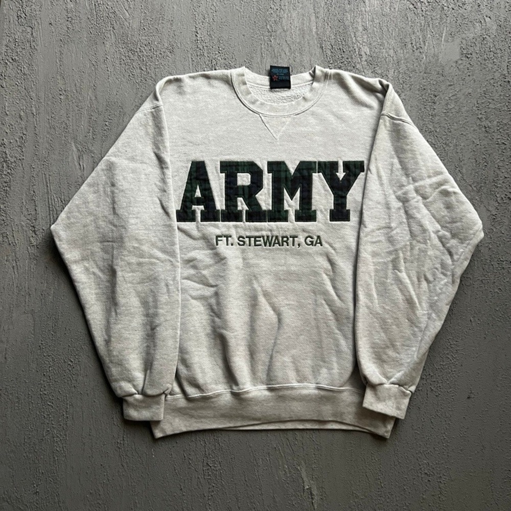 Vintage Army Sweatshirt Large Grey 1990s Ft Stewart Georgia Plaid USA